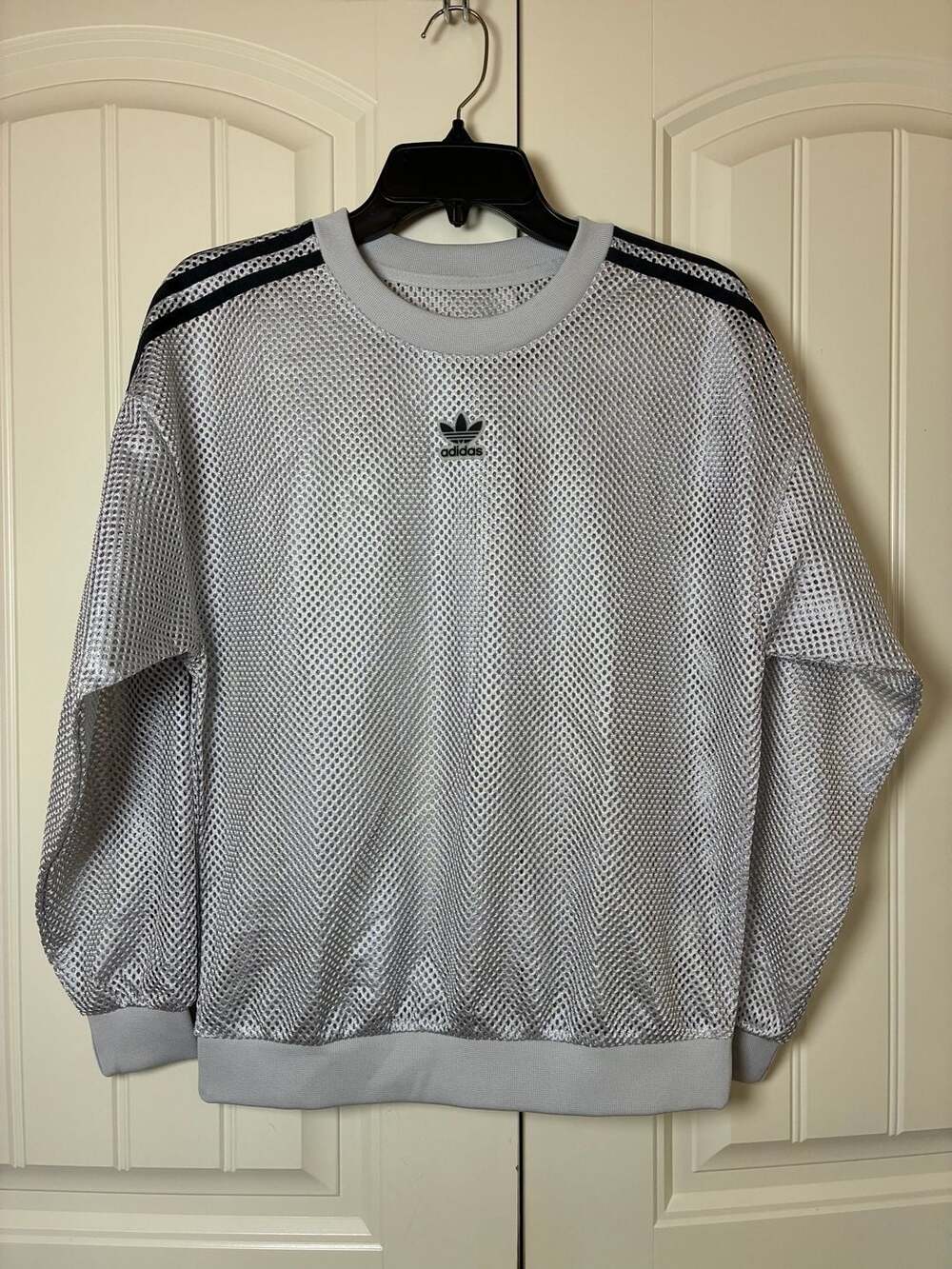 Adidas Originals 3-Stripe Mesh Crewneck Sweatshirt Gray Medium